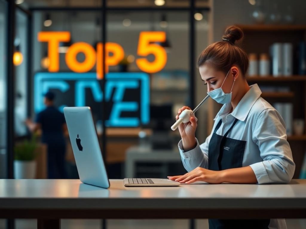 a hubspot featured image of halftone blue and white cleaning supplies, next to a nametag that says ‘hello my name is cleaning business crm’