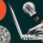 Collage showing AI tools including lightbulb, hands typing on a laptop, and gears against teal and orange background