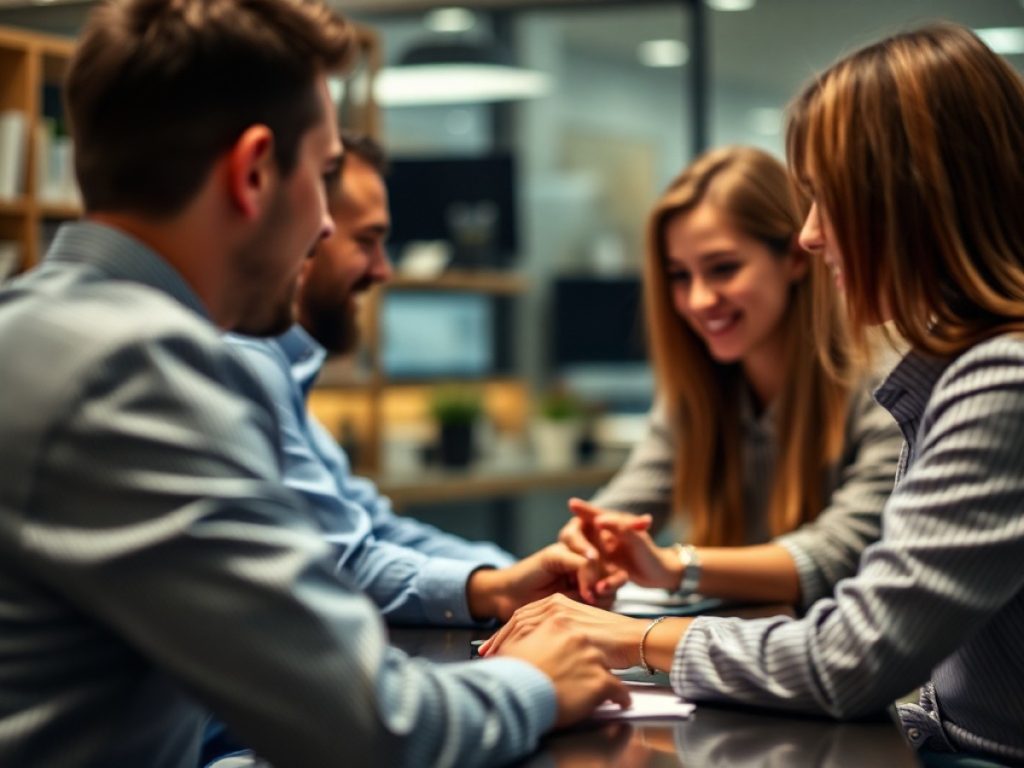 An image of a robot and 3 marketers working together represents CRM administration