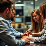 An image of a robot and 3 marketers working together represents CRM administration