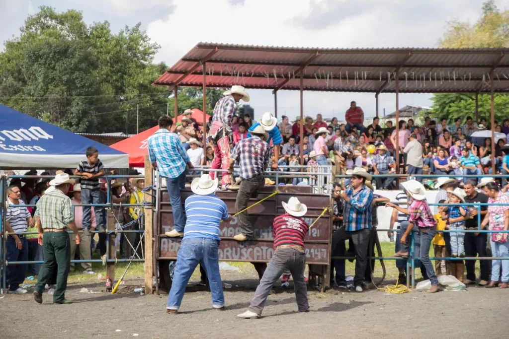 Crowd of farmers and reporters gathered at an agricultural fair in rural Argentina