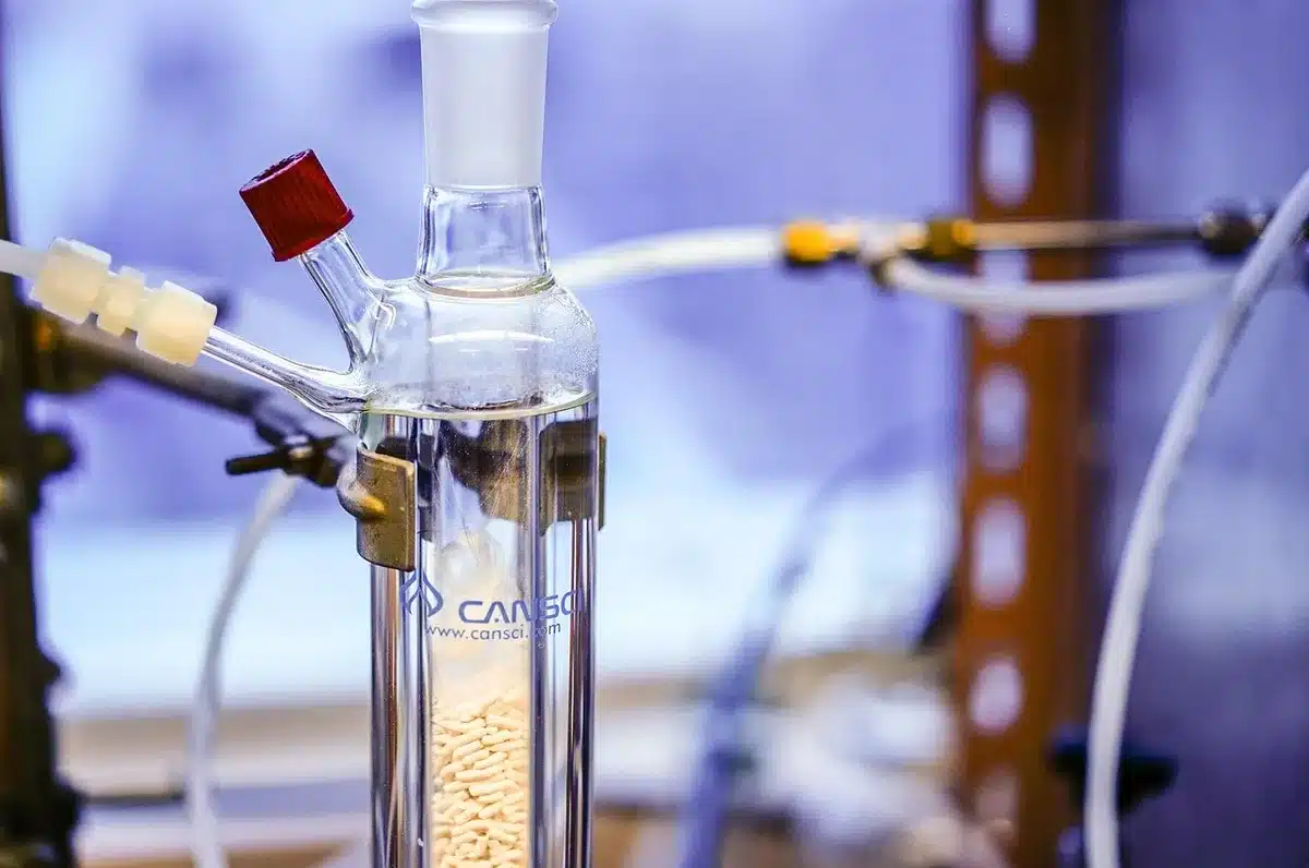 Researchers collaborating in a university lab across a table