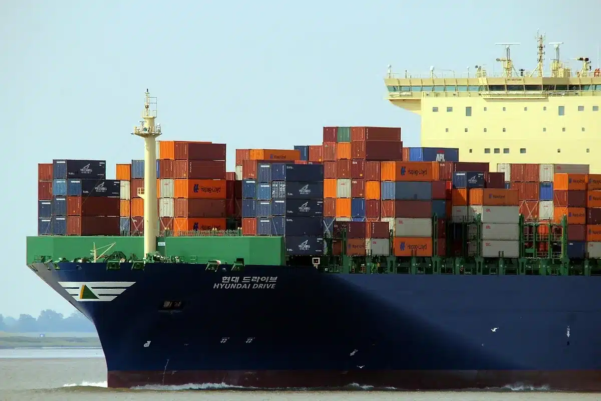 Stacked shipping containers symbolising supply chains tied to Falklands operations